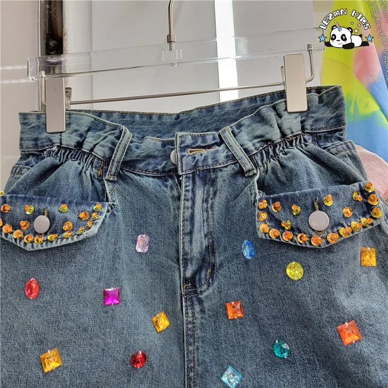 LEZONKIDS - Shorts de jeans infantis de alta qualidade, boutique personalizável, cristais à mão, shorts para meninas
